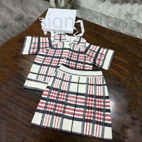 

two piece dress designer 2022 new casual contrast checked short sleeve knitted cardigan high waist hip wrap skirt women's two-piece set, White