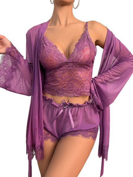 

4pack contrast lace mesh lingerie set & robe & belt t6cz#, Black;red