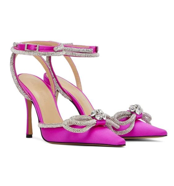 Знаменитые летние двойные сандалии с двойными луками обувь шелк Satin Women Women Stiletto High Heels Crystal Strappy Straph