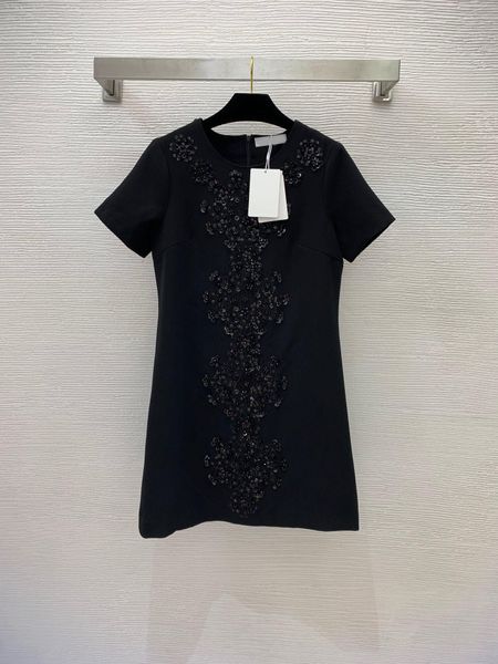 

225 2022 milan runway dress pring summer dress crew neck short sleeve mid calf black apricot beads brand same style womens dress fashion nis