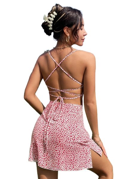 

ditsy floral criss-cross backless split cami dress g7ub#, Black;gray