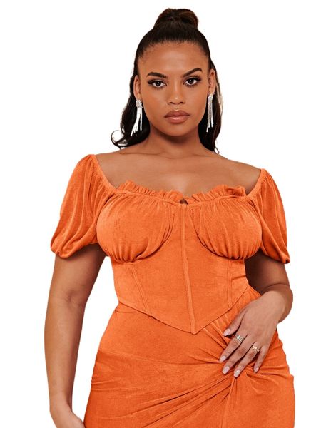 

bae plus frilled sweetheart neck puff sleeve bustier tee j1gs#, Black