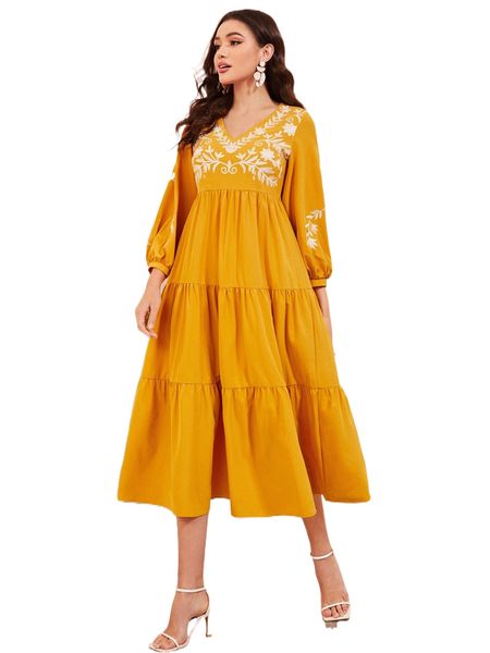 

floral embroidery lantern sleeve ruffle hem dress i80j#, Black;gray