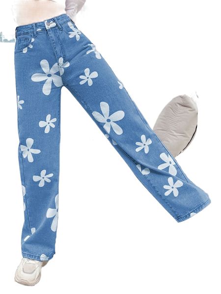 

floral print high waist straight leg jeans h8p8#, Blue