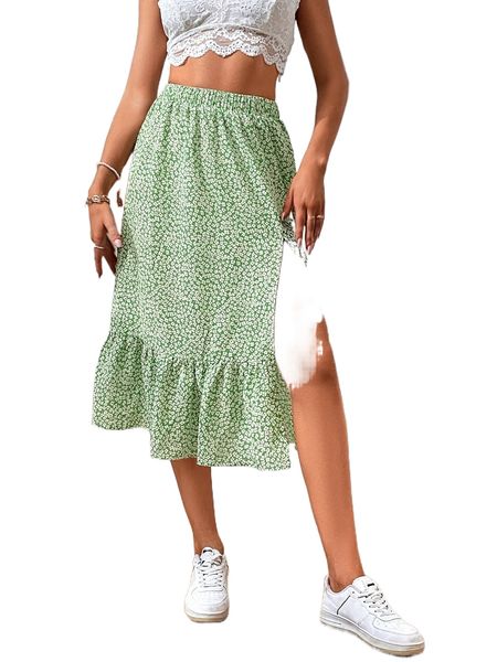 

ditsy floral ruffle hem slit thigh skirt r29v#, Black