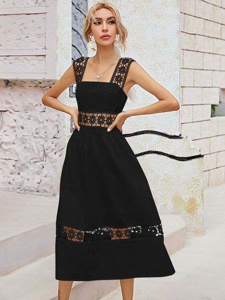 

eyelet embroidery zip back cami dress y05h#, Black;gray