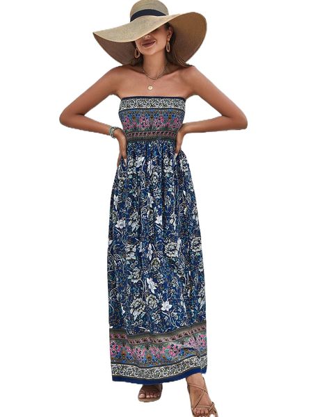

floral print shirred bodice tube dress m4gv#, Black;gray