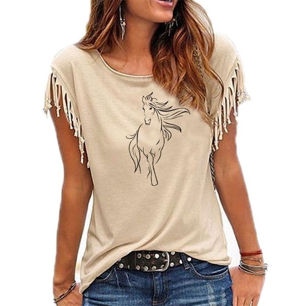 Creative Horse Women Cotton Tassel T-shirt Casual Rouset Animais Tees de manga curta O-gola feminina Camiseta 220425