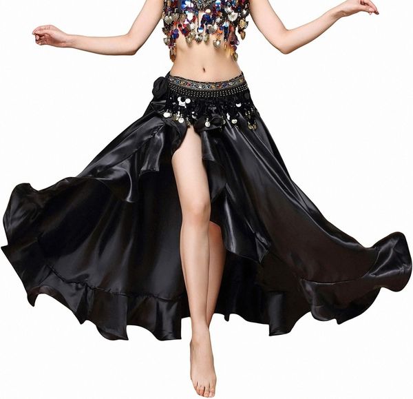 

belly dance skirt satin split side long skirts for women 09kr#, Black;gray