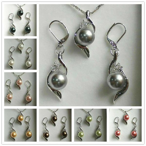 

10mm south sea shell pearl round beads pendant necklace earrings set, Silver