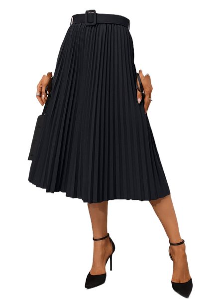 

high waist belted pleated skirt m8x4#, Black