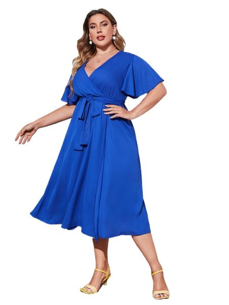 

plus surplice neck butterfly sleeve belted dress v8g8#, Black