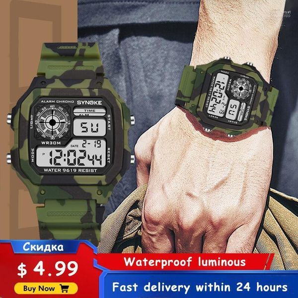 Avanadores de punho Men observa a prova d'água da marca Synoke Date Exército Esportes Militares Assista a pulso digital PU Strap Timer Relogio Masculino Hect22