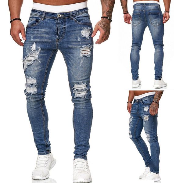

mens ripped jeans skinny stretchy hole pencil pants men biker trousers streetwear scratched blue denim jeans