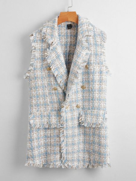 

notch collar frayed edge tweed vest blazer m5fp#, White