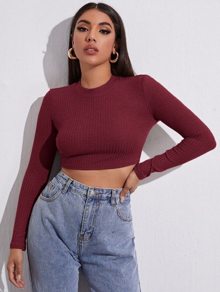 

crop rib-knit slim tee o8ww#, White
