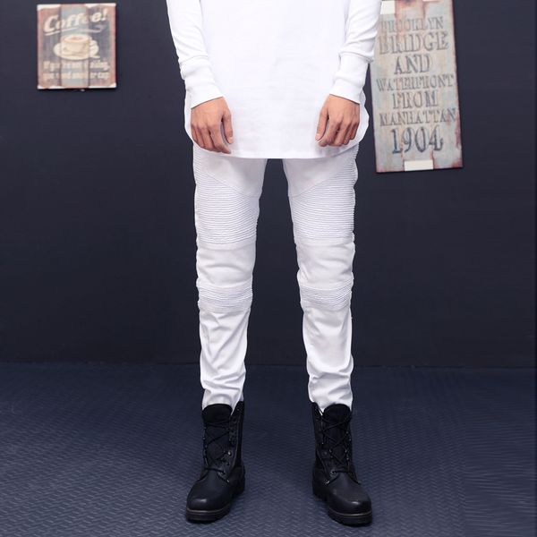 

mens stretch cotton hip hop white black skinny biker jeans pleated on the knee 5 colors plus size28-38 m230, Blue