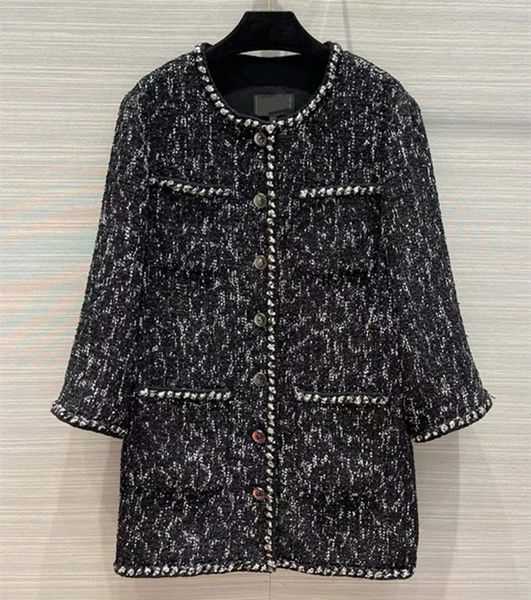 

european and american women's wear spring 2022 new single breasted black multi-pocket fashion fine button tweed coat