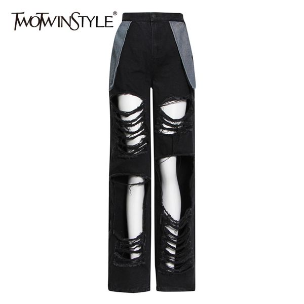 

hollow out streetwear black jeans for women high waist patchwork tassel casual wide leg denim pants female 210423, Blue