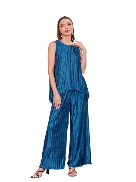 

textured tank & wide leg pants set 75kl#, White