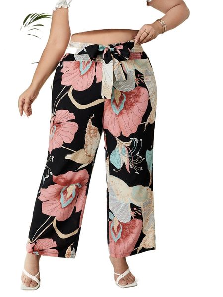 

plus floral print belted pants a1dy#, Black