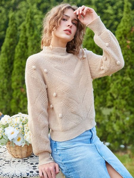 

knit mix mock neck pom pom detail sweater o4pv#, White;black