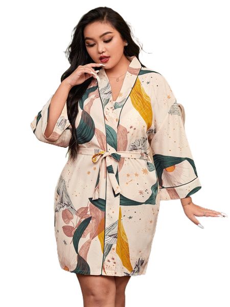 

plus star & leaf print drop shoulder belted satin sleep robe 86cv#, Black;white