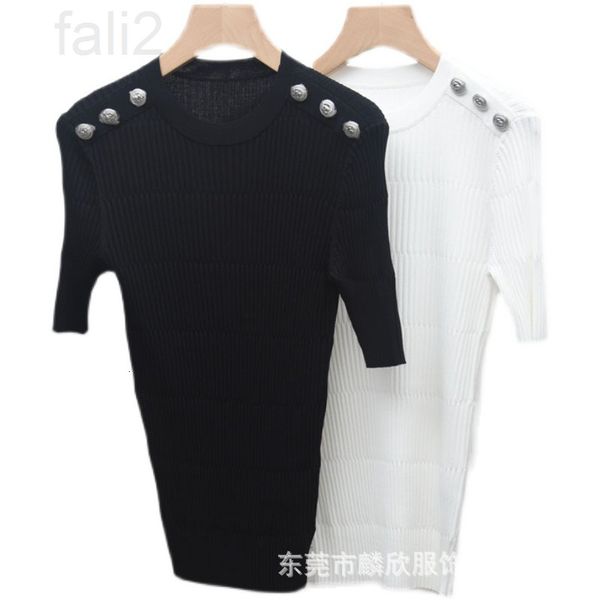 

women's sweaters designer 2021 spring new women's fashion slim short sleeve round neck shoulder metal button pit stripe pullover 7, White;black
