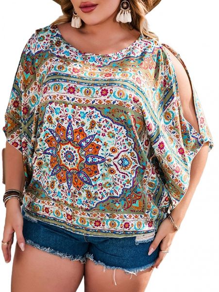 

plus floral print batwing sleeve blouse 87tw#, Black