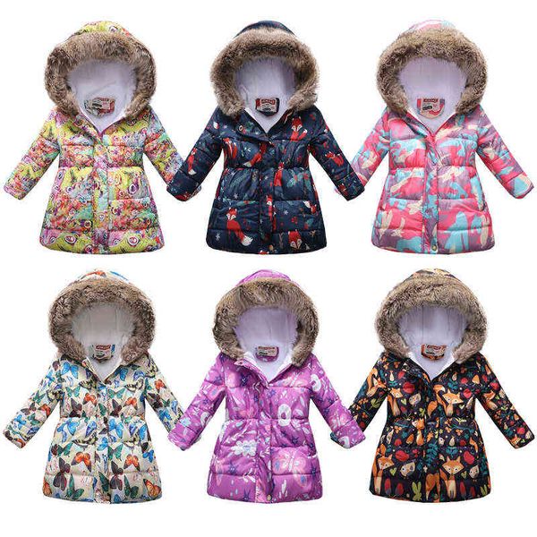 

fashion warm girls jackets autumn and winter cute cartoon outerwear hooded zipper fur collar small princess coat children clothes j220718, Blue;gray