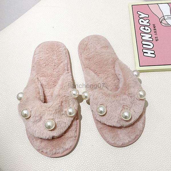 Novas mulheres chinelas de pele deslizam chinelos de caldeira para casa para pérolas perelas fulfy slippers sapatos ao ar livre Lady BC4807 G220816