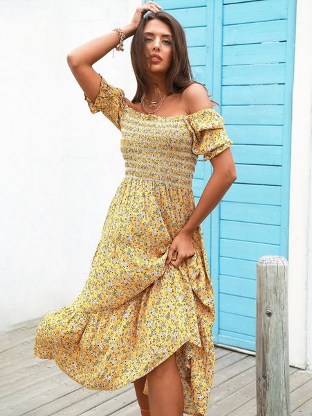 

love&lemonade off shoulder shirred bodice ditsy floral dress 68vc#, Black;gray