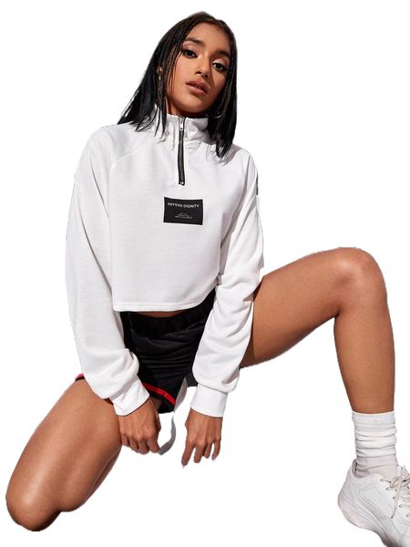 

letter patch half zip raglan sleeve crop sweatshirt g2ea#, Black