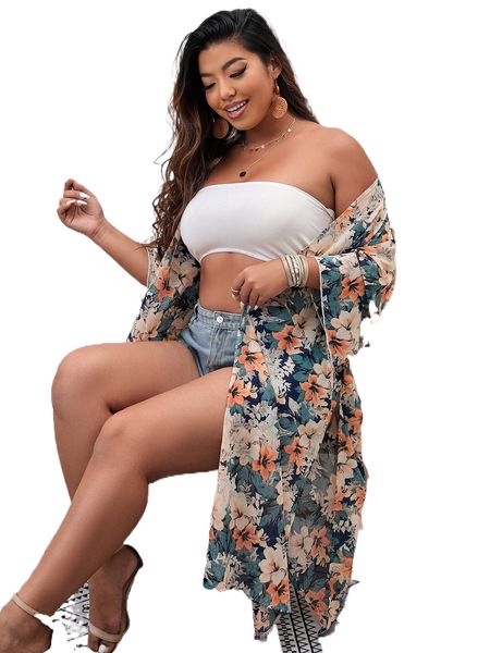 

plus floral print drop shoulder split hem kimono q0fc#, Black;gray