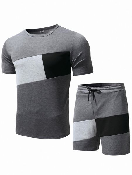 

men color block tee & drawstring waist shorts y9ba#, Gray