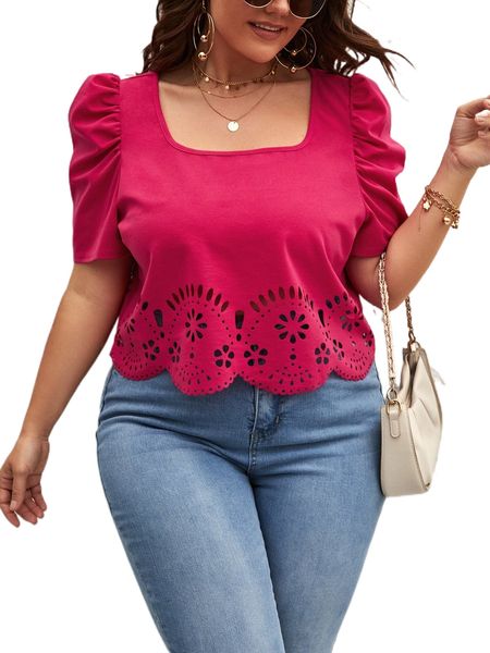 

plus cut out scallop trim puff sleeve square neck tee a1g2#, Black