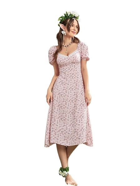

ditsy floral lace trim puff sleeve dress i5qk#, Black;gray