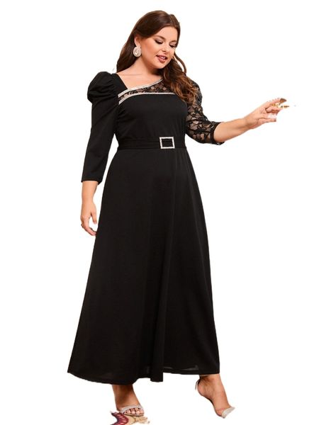 

plus lace panel puff sleeve asymmetrical neck buckled belted dress e0pf#, Black