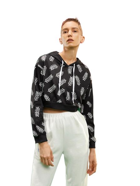 

x sonia dridi drawstring drop shoulder plants print crop hoodie s7x5#, Black