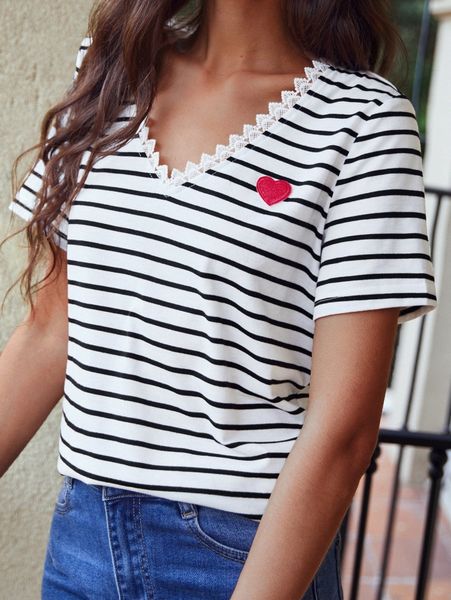 

striped heart patched detail guipure lace trim tee w5pk#, White