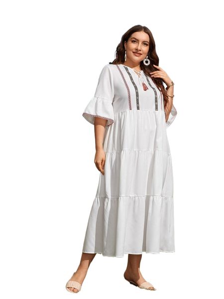 

plus 1 pc embroidery tape flounce sleeve tie neck smock dress j0kl#, Black