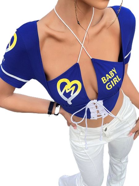 

heart & letter graphic crisscross lace up halter cut out crop tee y1nt#, White