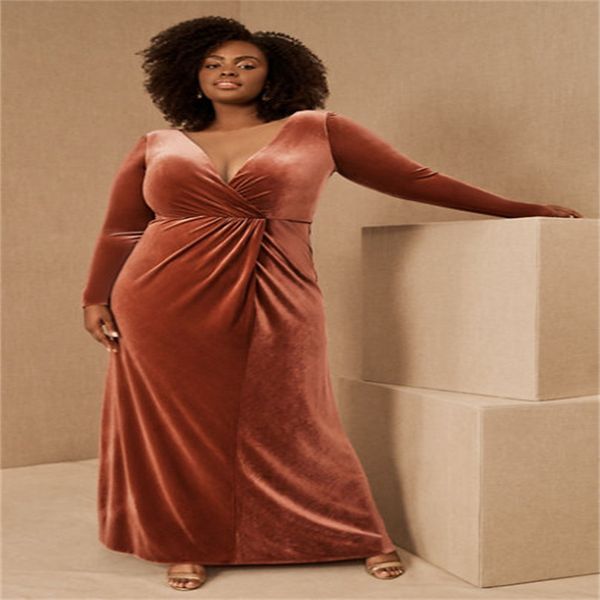

velvet plus size mother dress v neck long sleeves mermaid party dresses mother of the bride outfit, Black;red