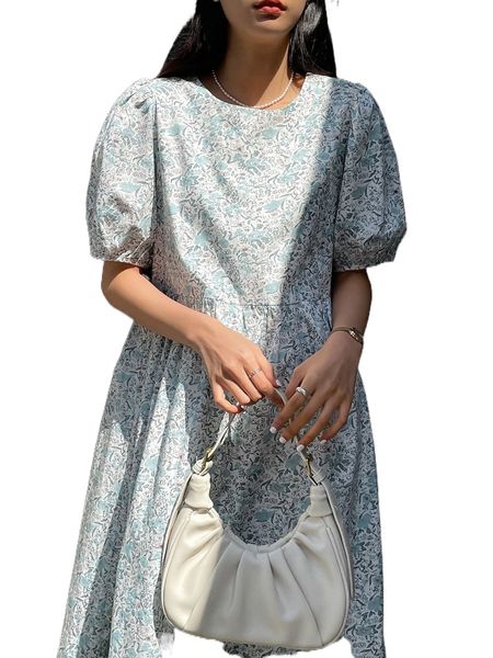 

dazy-less allover floral print puff sleeve dress b2gs#, Black;gray