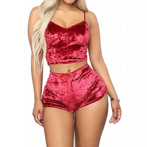 

fashion women 2pcs velvet sleepwear camisole silky smooth shorts sleeveless pajama set ladies female, Black;red