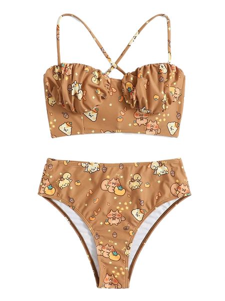 

kawaii cartoon graphic ruched bust criss cross bikini swimsuit f2pa#, White;black