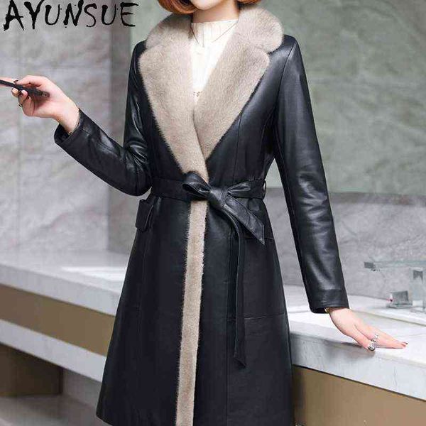

ayunsue winter genuine sheepskin leather jacket women mink fur collar jacket famale long korean parka leather jacket women 1247 j220727, Black