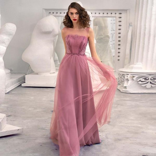 Abiti da festa Elegante Dusty Rose Prom Gown Appliques di pizzo Senza spalline e maniche Backless A-Line Piano Lunghezza Abiti da sera De GalaParty