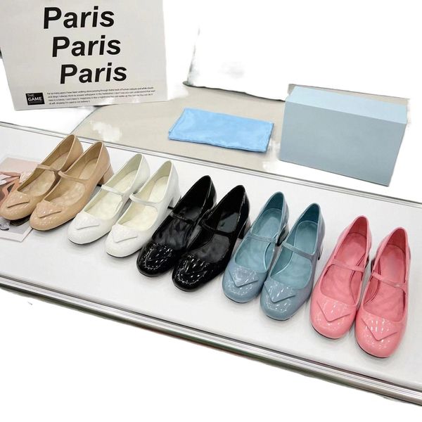 

designer sandals chunky heel mary jane shoes mid-heel slingback sandal triangle logo patent leather pumps ladylike platform single shoe, Black