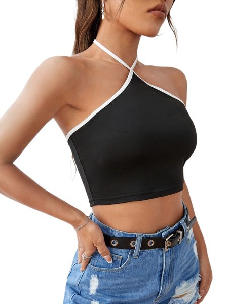 

contrast binding tie backless halter q5cb#, White